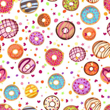 Renkli donut sprinkles seamless modeli ile. Doodle kroki tarzı arka plan.