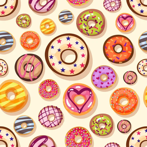 Donuts coloridos con aspersiones patrón sin costuras. Doodle fondo estilo boceto . — Vector de stock