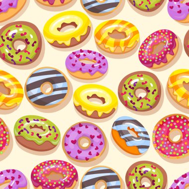 Renkli donut sprinkles seamless modeli ile. Doodle kroki tarzı arka plan.