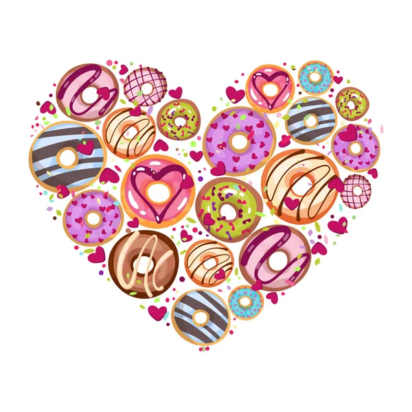 Diseño de donas en forma de corazón. Fondo de pasteles culinarios para el Día de San Valentín con letras . — Vector de stock