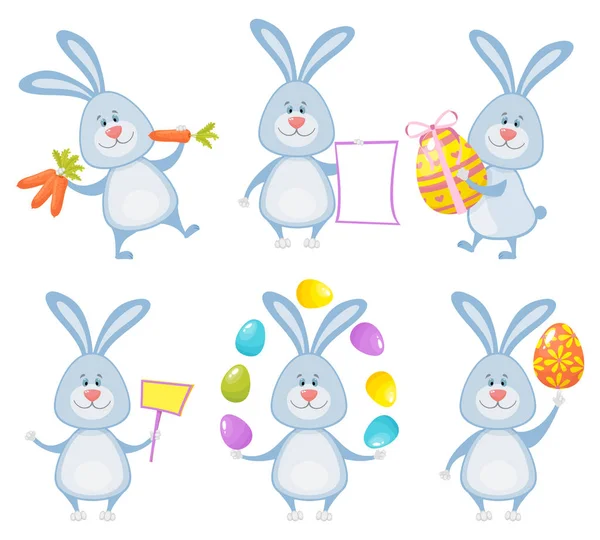 Conjunto de coelhos de Páscoa bonitos com ovos de Páscoa e banners . — Vetor de Stock