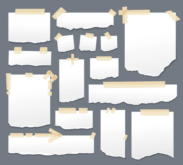 Fogli di carta bianca con scotch set nastro. Carte adesive con strisce adesive a nastro adesivo vettoriale illustrazione. Pagina foglio per messaggio di promemoria — Vettoriale Stock