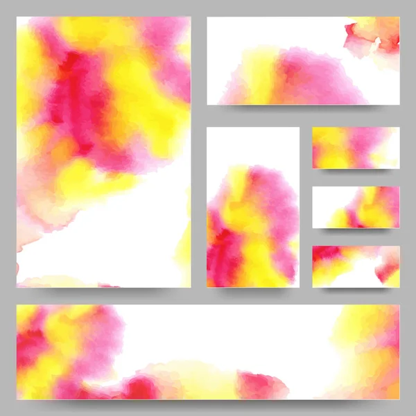 Set de Plantillas con Salpicaduras de Acuarela. Textura de pintura Holi. Colección de Banners de colores brillantes abstractos. Diseño de tarjetas de colores arco iris. Ilustración vectorial — Archivo Imágenes Vectoriales