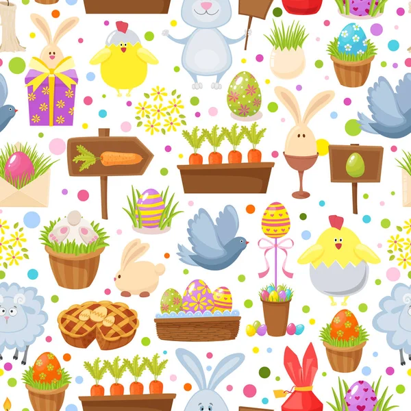 Padrão de feriado religioso de coelho, pombo, ovos coloridos, galinhas e outros símbolos tradicionais da Páscoa — Vetor de Stock