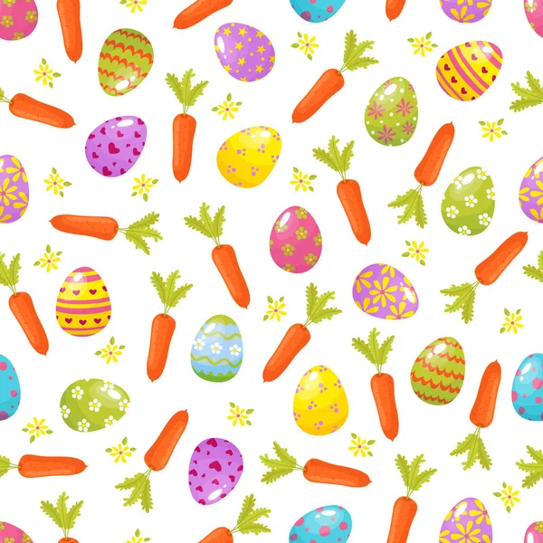 イースターのシームレスな背景。着色された卵、花、carrrots から宗教的な祝日のパターン。イースターの伝統的なシンボル ベクトル イラスト — ストックベクタ