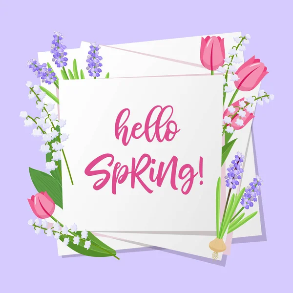Hej våren bokstäver. Vårblommor på vitboken bakgrund med säsongens våren text. Vektorillustration. — Stock vektor