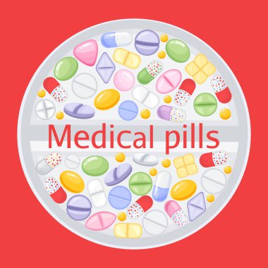Farklı renkli hapları tablet tasarımı. İlaç ağrı kesici hapları, ilaç antibiyotik ilaçlar vektör. Dizi renk hap, antibiyotik ve vitamin hapı gösterimi. vektör çizim