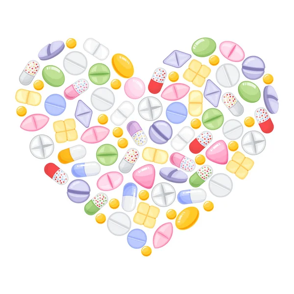 Diferentes píldoras médicas coloridas cápsulas y tabletas en el corazón. Recogida de medicamentos. ilustración vectorial en estilo plano . — Vector de stock