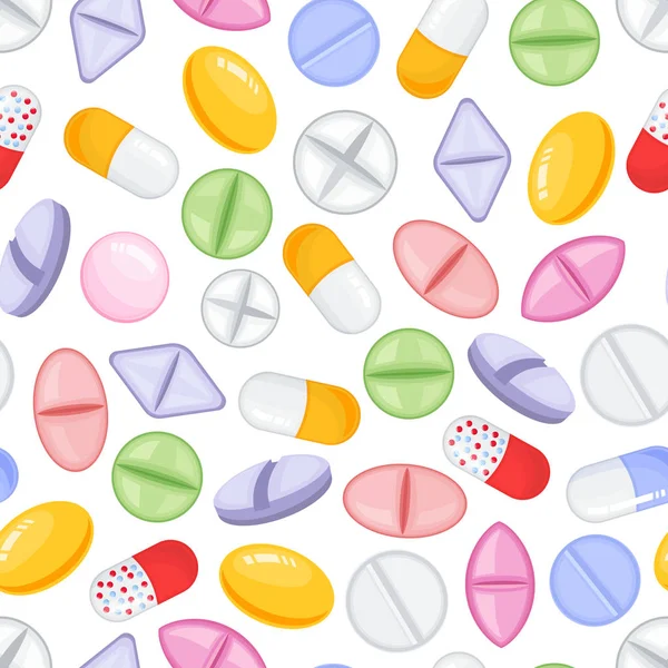 Montón vectorial de comprimidos y cápsulas. azulejo patrón sin costura — Archivo Imágenes Vectoriales