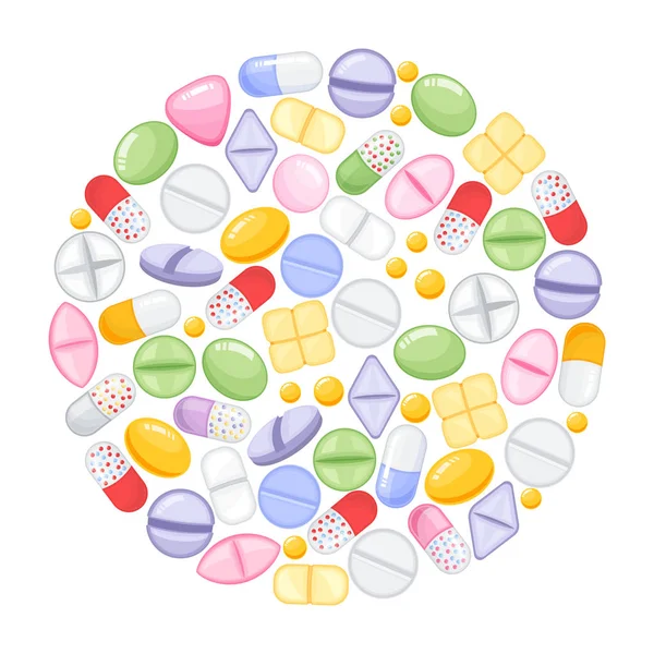 Diferentes píldoras médicas coloridas cápsulas y tabletas en diseño redondo. Recogida de medicamentos. ilustración vectorial en estilo plano . — Archivo Imágenes Vectoriales