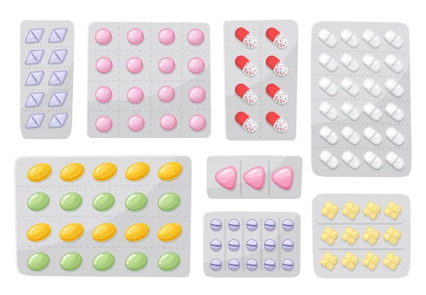 Envases para medicamentos, analgésicos, antibióticos, vitaminas y tabletas de aspirina. Conjunto de íconos de ampollas con pastillas y cápsulas. Ilustraciones vectoriales del envase aislado sobre fondo blanco — Vector de stock