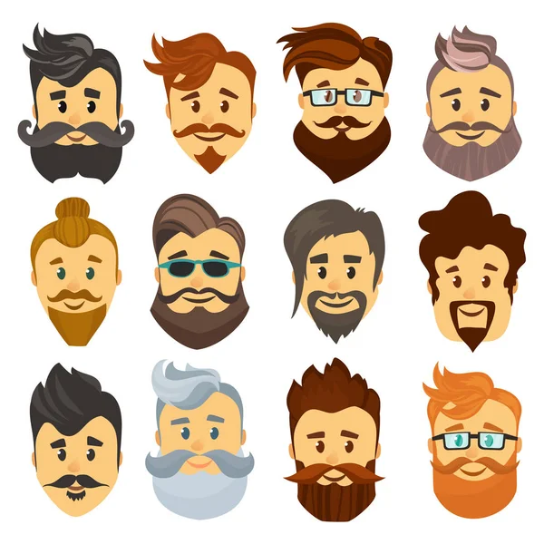 Hipster barbershop cartoon european people with beards moustaches and various stylish haircuts on white background isolated vector illustration — Stock Vector