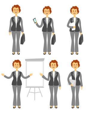 Kadın Yöneticisi karakter veya ayarla iş kadını. Beyaz arka plan üzerinde izole farklı pozlar. Kadın pantolon. Çizgi film düz stil illüstrasyon