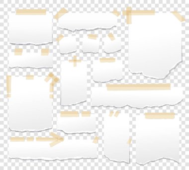 Beyaz kağıt sayfalarının bant ile ayarlayın. Yapışkan yapışkan kağıtlarla çizgili vektör çizim bant. Sayfayı sayfa için hatırlatma mesajı