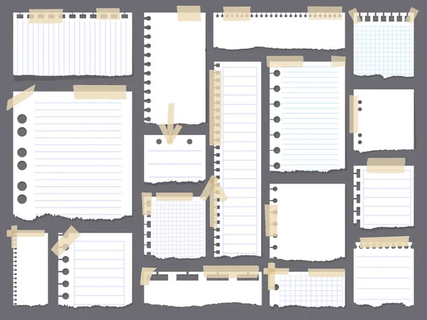 灰色の背景にカラフルな粘着テープで並んで引き裂かれた白い空白部分メモ紙 — ストックベクタ