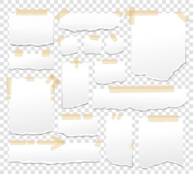 Beyaz kağıt sayfalarının bant ile ayarlayın. Yapışkan yapışkan kağıtlarla çizgili vektör çizim bant. Sayfayı sayfa için hatırlatma mesajı