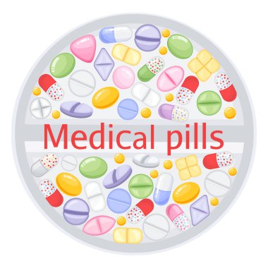 Farklı renkli hapları tablet tasarımı. İlaç ağrı kesici hapları, ilaç antibiyotik ilaçlar vektör. Dizi renk hap, antibiyotik ve vitamin hapı gösterimi. vektör çizim