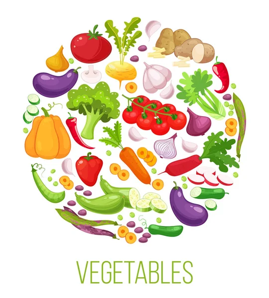 Banner de composición redonda con verduras de colores para los agricultores diseño de menú de mercado. Concepto de comida saludable. Ilustración vectorial . — Vector de stock