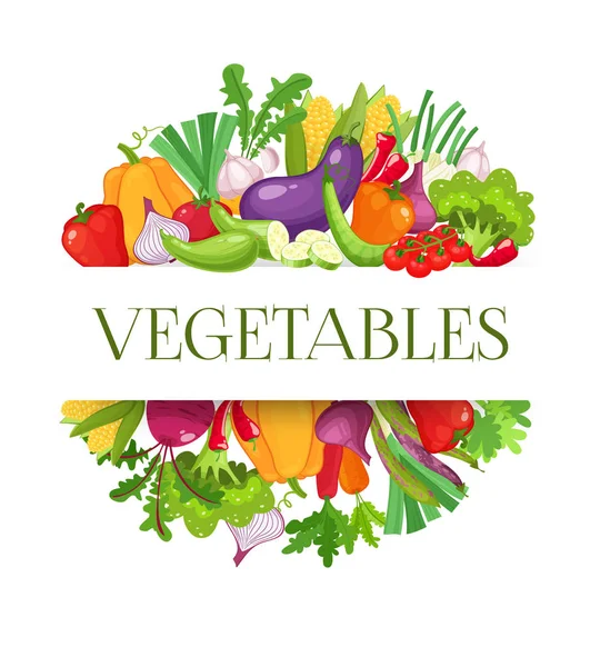 Baner okrągły skład z kolorowymi warzywami do projektowania menu rolniczego. Koncepcja zdrowej żywności. Ilustracja wektora. — Wektor stockowy