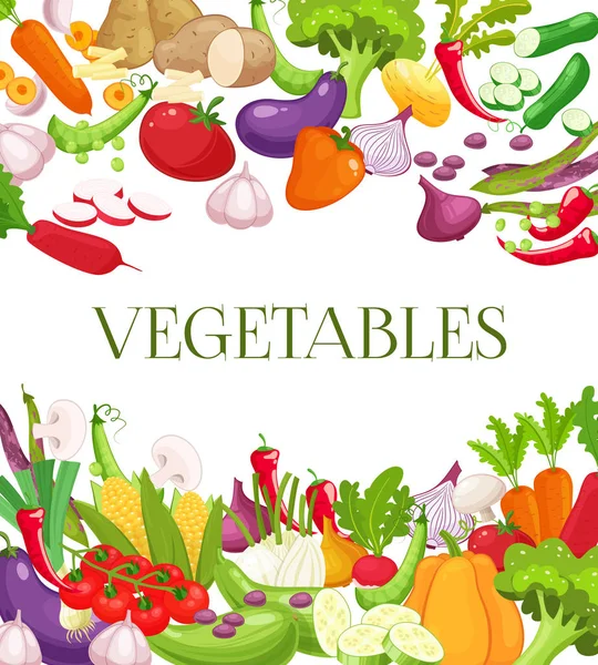 Cartel de menú de verduras y alimentos saludables. Zanahoria fresca, tomate, pimienta, cebolla, brócoli, col, ajo, pepino, coliflor, colinabo y rábano. Comida vegetariana, diseño de tienda ecológica — Archivo Imágenes Vectoriales