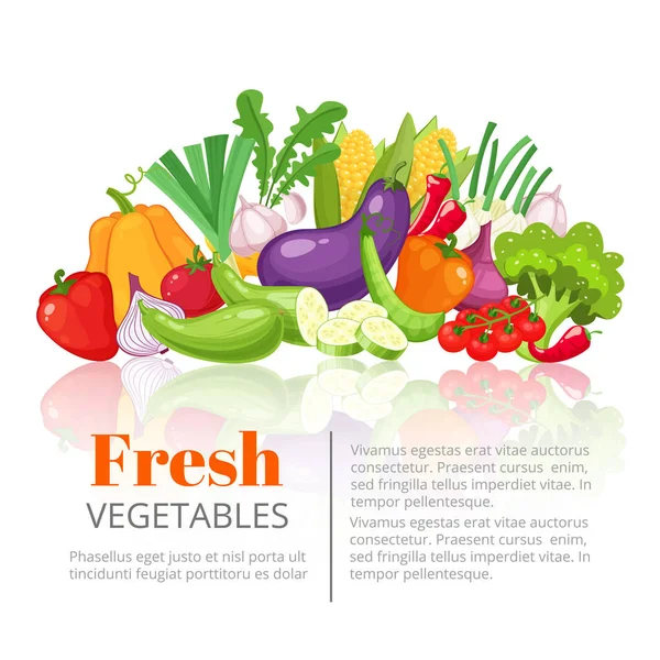 Plakat warzywa, artykuł naukowy, nagłówek lub wegetariańskie menu szablon projektu. Gospodarstwa świeżych pomidorów, pieprz, marchew, cebula, czosnek, dynia, ziemniaków, bakłażana, kukurydzy, buraków, cukinia, grochu, kapusty — Wektor stockowy