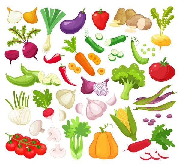 Surowe warzywa z pokrojoną na białym tle realistyczne ikony z ilustracji wektorowych ogórek pieprz bakłażan, czosnek grzyb cukinia pomidor cebula — Wektor stockowy