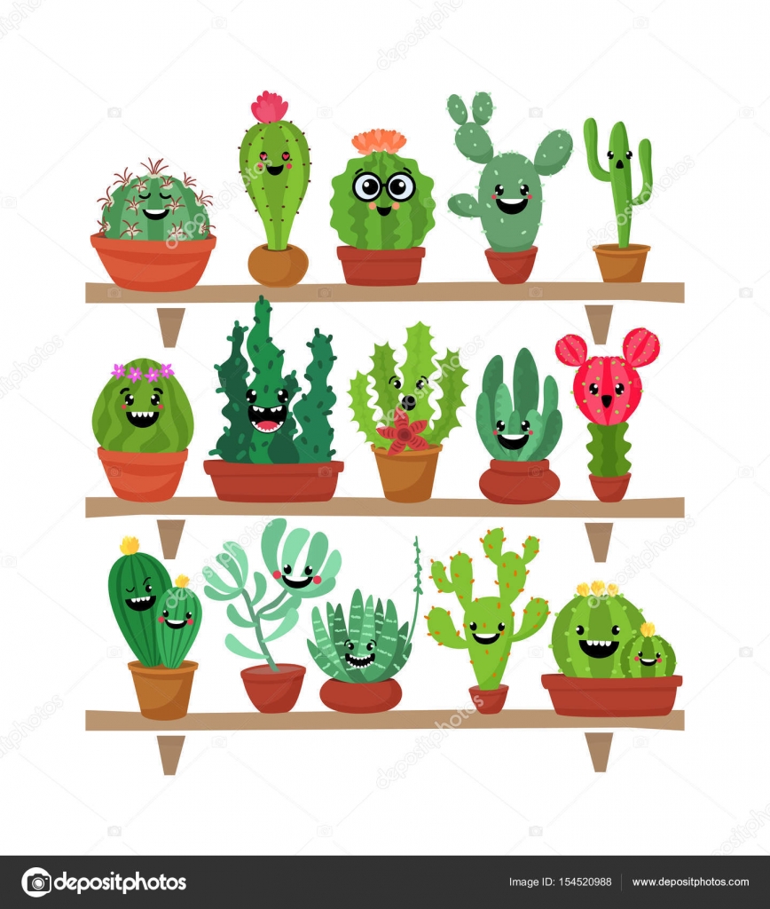 Cactos em vasos de desenhos animados, plantas do deserto, cactos e