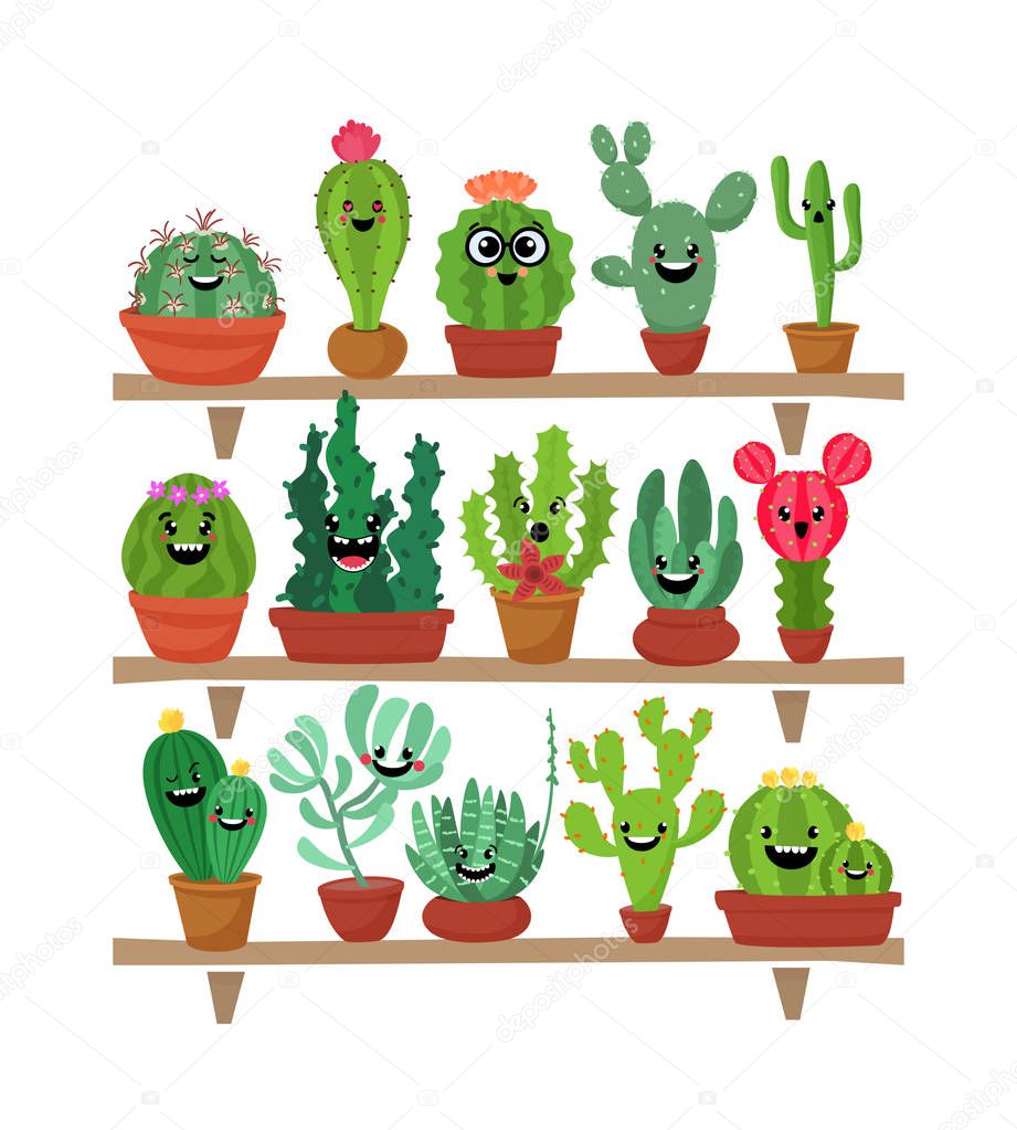 Big set of cute cartoon cactus and succulents with funny faces. Cute stickers or patches or pins collection. plants are friends set.Funny and cute cartoon desert cactus in pots vector set