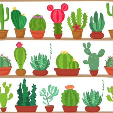 Dikişsiz desen kaktüsler ve succulents tencere bir raf. İç mekan bitkileri beyaz arka plan üzerinde izole raflarda. Düz bir tarzda iç mekan bitkileri doğal arka plan. Vektör çizim.