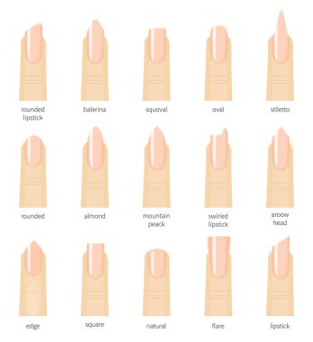 Farklı moda tırnak şekilleri. Çivi türdeki ayarlayın. Salon tipi eğilimleri çivi.