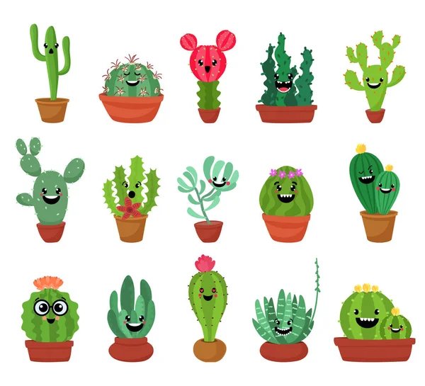 Gran conjunto de cactus de dibujos animados lindo y suculentas con caras divertidas. Lindas pegatinas o parches o colección de alfileres. plantas son amigos set.Funny y lindo cactus desierto de dibujos animados en macetas vector conjunto — Vector de stock