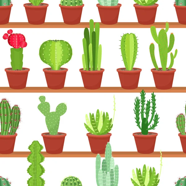 Modello senza cuciture di vasi di fiori con cactus e piante grasse. Illustrazione vettoriale — Vettoriale Stock