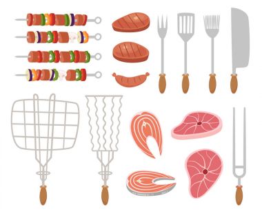 Mangal, Barbekü simgeler. dizi elemanları - Şef, mutfak araçları, bavul, ketçap, kömür, şişe şarap, önlük, sosis, Barbekü, şiş, şiş, bıçak, et, sos, piknik sepeti, ekmek