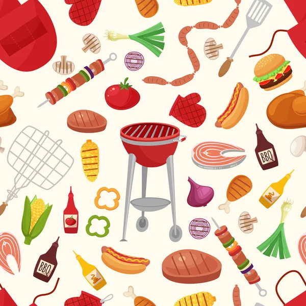 Grill und Grill für Heimparty oder Restaurant Hintergrund Muster. Produkte und Haushaltsgeräte flache Design-Stil Vektor-Illustration — Stockvektor