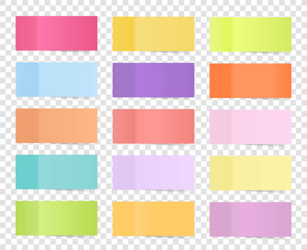 Post note sticker set isolated on transparent background. Paper sticky tape with shadow. Vector office color post sticks for advertising design.