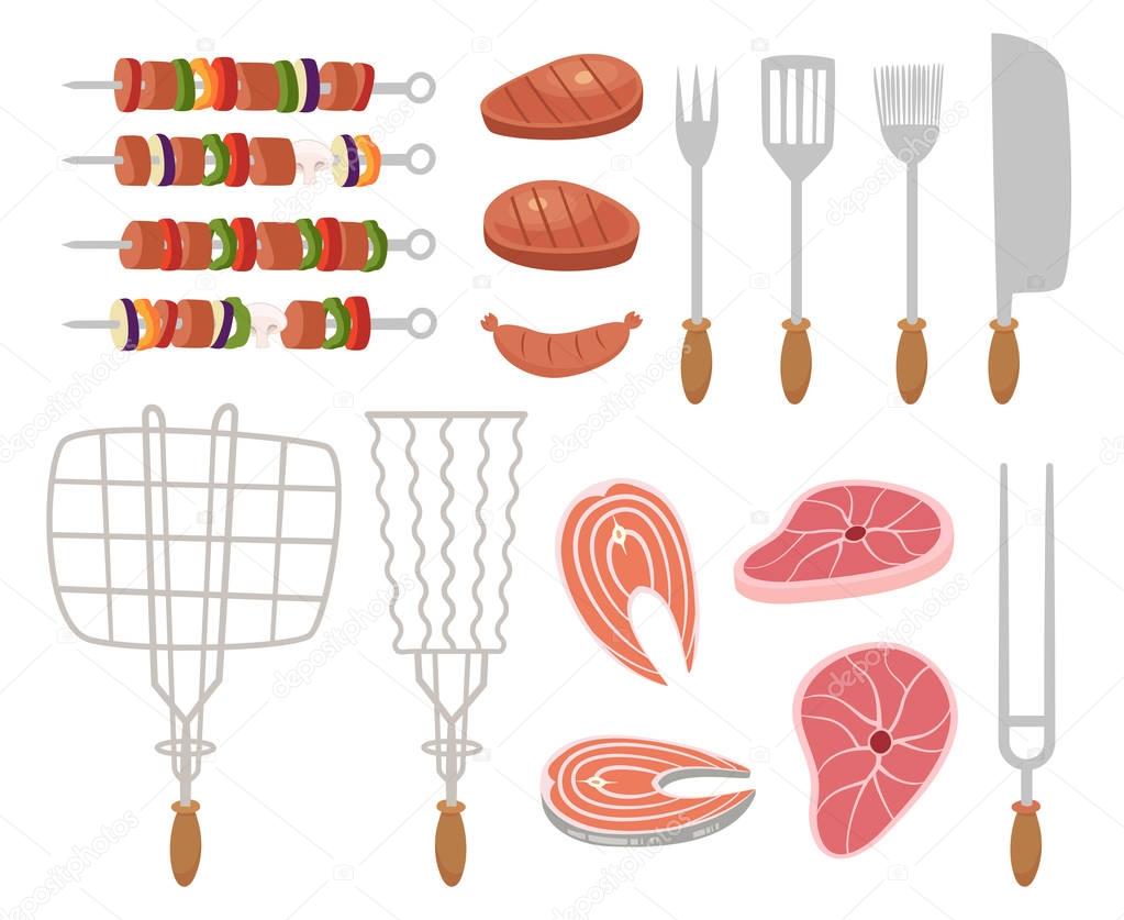 Grill, barbecue icons. set of elements - chef, kitchen tools, suitcase, ketchup, charcoal, bottle of wine, apron, sausage, BBQ, skewer, skewers, knife, meat, sauce, picnic basket, bread