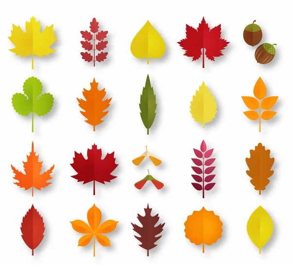 Papier geschnittene Herbstblätter gesetzt. Herbst Blätter bunte Papiersammlung. Vektor Papier Kunst Stil Illustration — Stockvektor