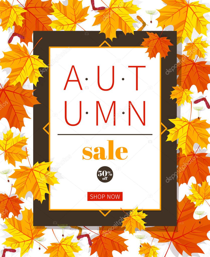 Autumn sale vintage vector typography poster with autumn colour leaves.