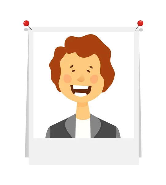 Young woman with brown hair in business suit at pictures pinned to white Board. Photo for memory, reminder of emotions on white background. Cartoon style vector illustration — Stock Vector