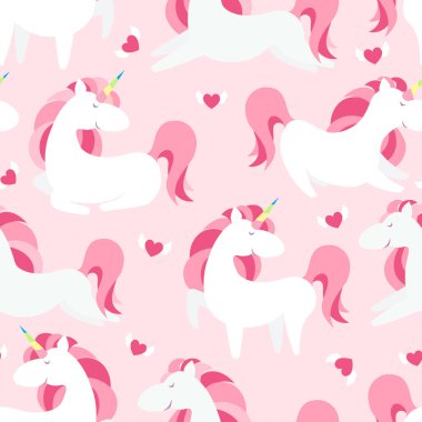 Sihirli tek boynuzlu at deseni. Modern peri masalı, sonu gelmeyen dokular, büyülü yinelenen arka planlar. Şirin bebek arka planları. Vektör illüstrasyonu