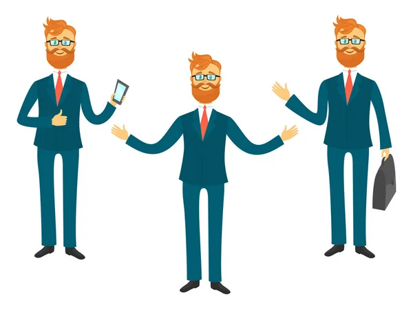 Geschäftsmann Cartoon-Figur in verschiedenen Posen für Business-Präsentation Vektor-Set. erfolgreicher Mann zeigt und erzählt Illustration — Stockvektor