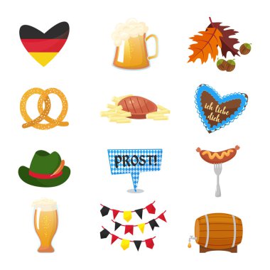 Geleneksel semboller Oktoberfest simgelerin ayarlayın. Alman Ulusal Oktoberfest nesneleri beyaz arka plan üzerinde izole. Karikatür tarzı vektör illusrtration