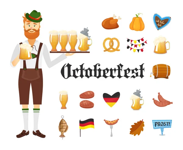 微笑巴伐利亚人留着红胡子，小胡子，穿着传统服装和帽子啤酒眼镜与慕尼黑啤酒节图标集。传统符号的啤酒上孤立的秋天节日 — 图库矢量图片