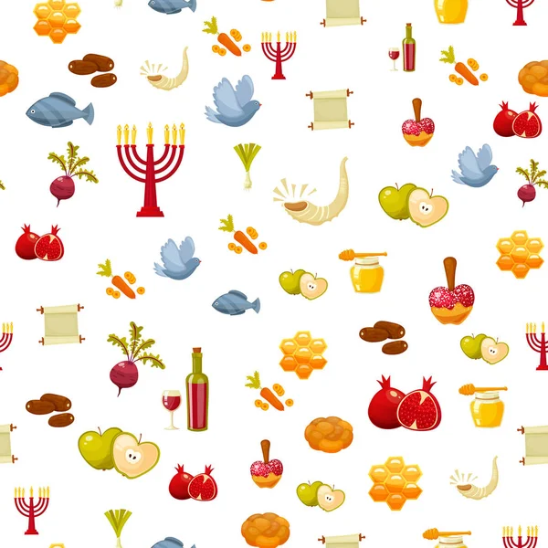 Rosj Hasjana, Shana Tova of Joodse nieuw jaar naadloze patroon, met honing, appel, vis, fles, torah, sla, datum, bieten en andere traditionele artikelen. Cartoon platte vectorillustratie — Stockvector