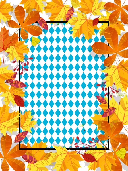 Hojas de otoño sobre un patrón de fondo de diamantes azules. Otoño tradicional Oktoberfest fondo. Nacional alemán festival de cerveza de otoño design.Cartoon estilo vector ilustración — Vector de stock