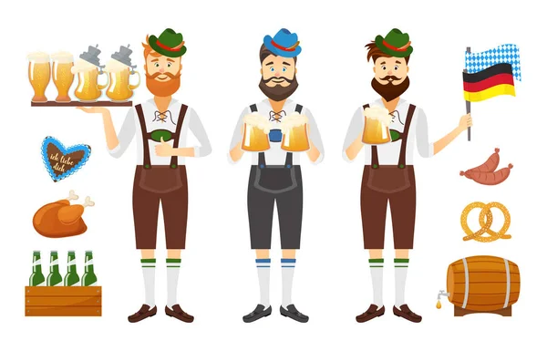 Ler bayersk man med rött skägg och mustasch, klädd i traditionell kostym och hatt med ölglas och uppsättning Oktoberfest ikoner. Traditionella symboler för höstlovet öl isolerad på — Stock vektor