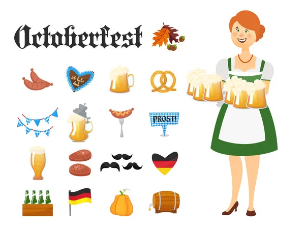 微笑的巴伐利亚妇女身穿传统服装和围裙啤酒眼镜与慕尼黑啤酒节图标集。传统的符号的秋季节日的孤立的白色背景上的啤酒。卡通 — 图库矢量图片