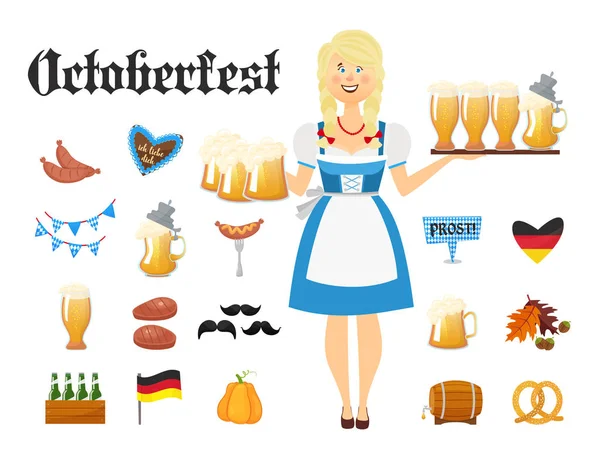 Leende bayersk kvinna blondin klädd i traditionell dräkt och förkläde med ölglas och uppsättning Oktoberfest ikoner. Traditionella symboler för höstlovet öl isolerad på vit bakgrund — Stock vektor