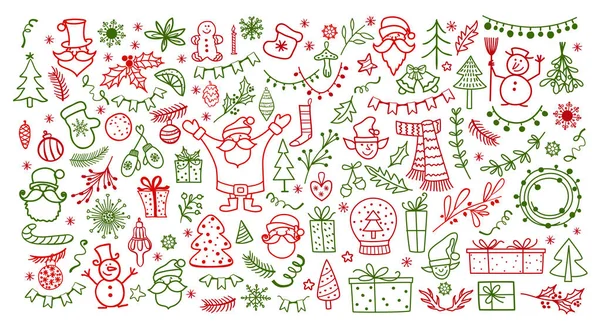 Gran conjunto de elementos de diseño navideño en estilo doodle. Vacaciones de invierno vector ilustración — Archivo Imágenes Vectoriales