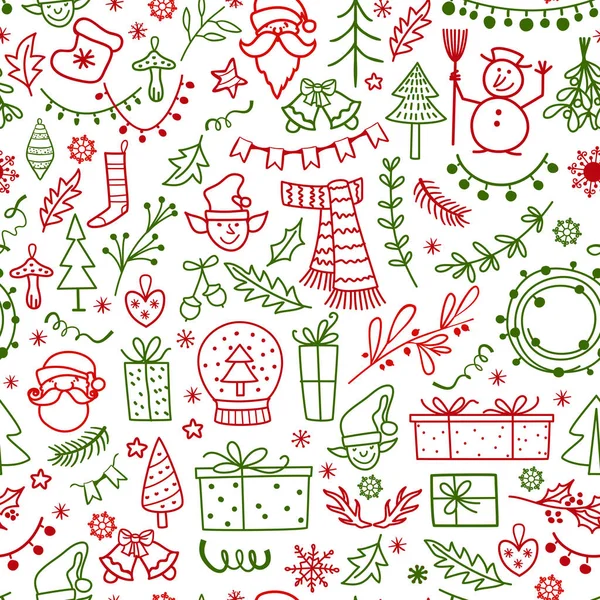 Élément de conception de Noël dans le modèle de style doodle. Traditionnel hiver vacances dessinées à la main icônes en rouge et vert couleurs fond sans couture. — Image vectorielle